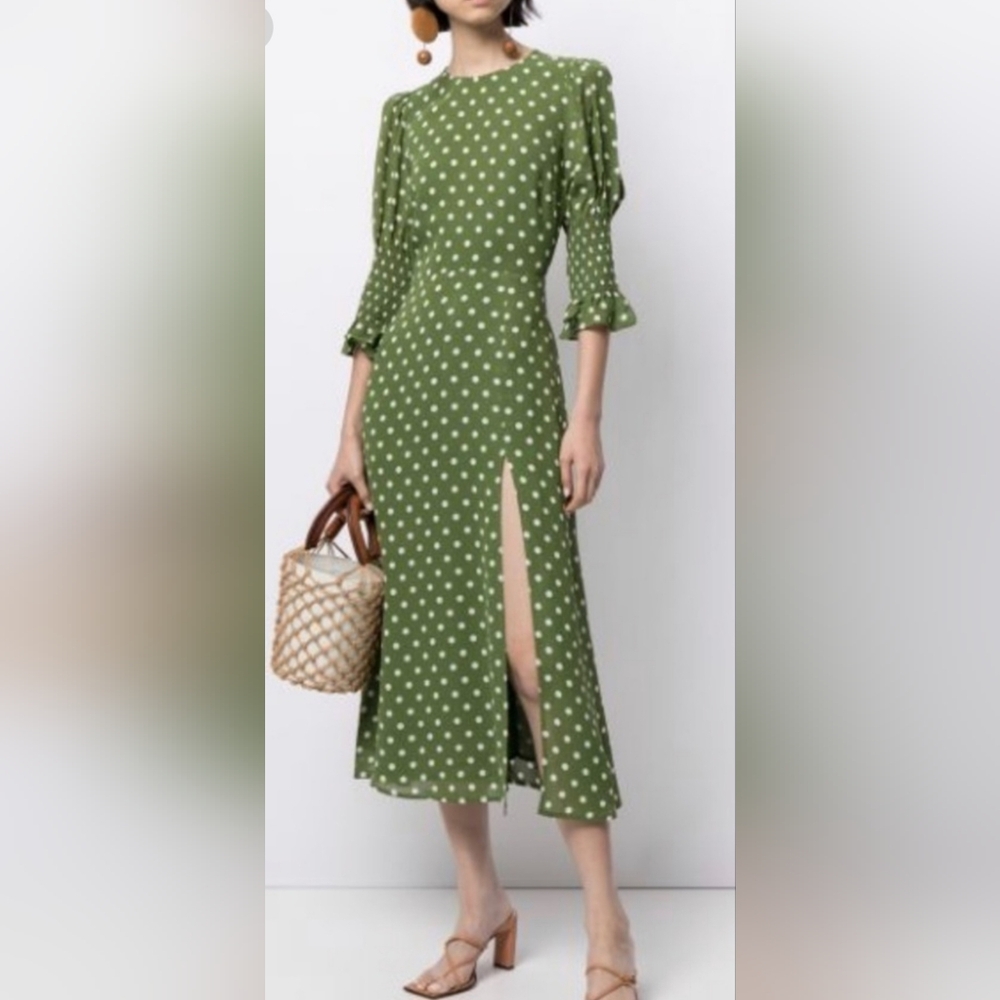 Reformation Carolena Polka Dot Midi Dress Edamame Green and White Size 6.
